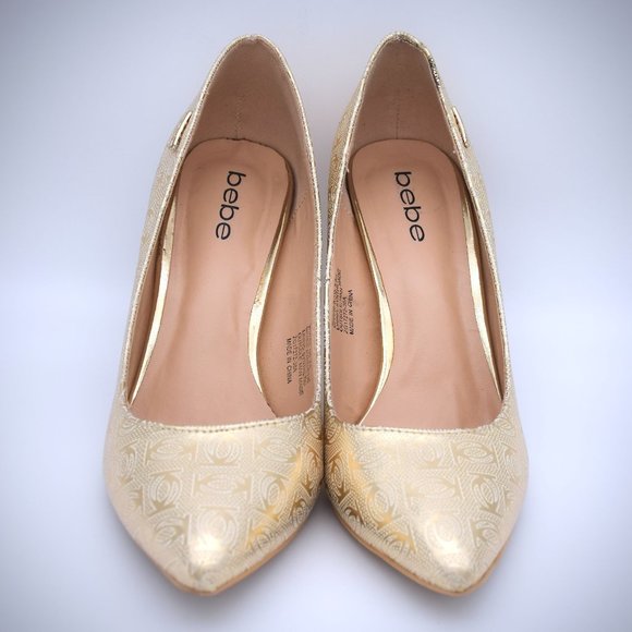 Bebe Saydee Logo Pumps Heels 7.5 Gold Vegan Pointy Toe Shoes Stiletto Classic - Picture 5 of 10